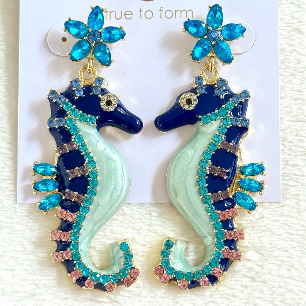True to Form Blue, Pink, & Purple Rhinestone Seahorse Earrings - Picture 2 of 4